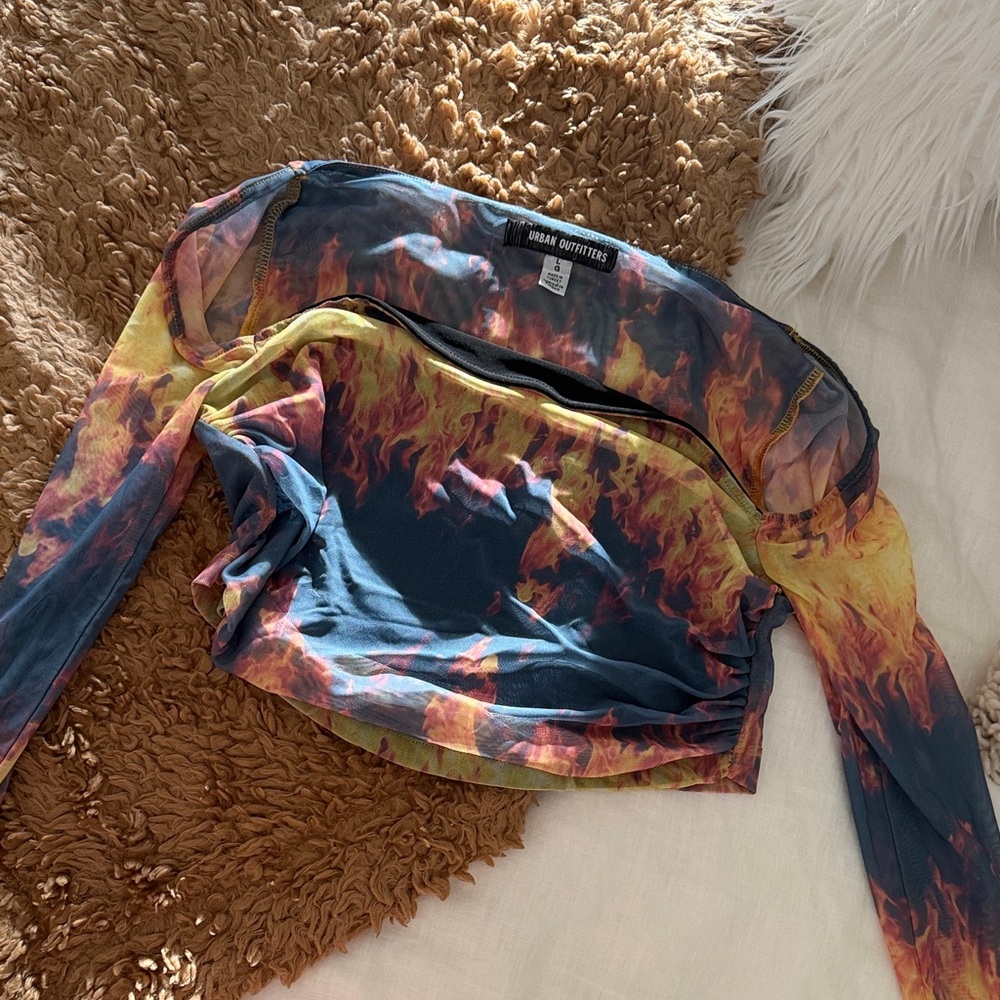 Urban Outfitters Blue and Yellow Flame-Print Long Sleeve Crop Top